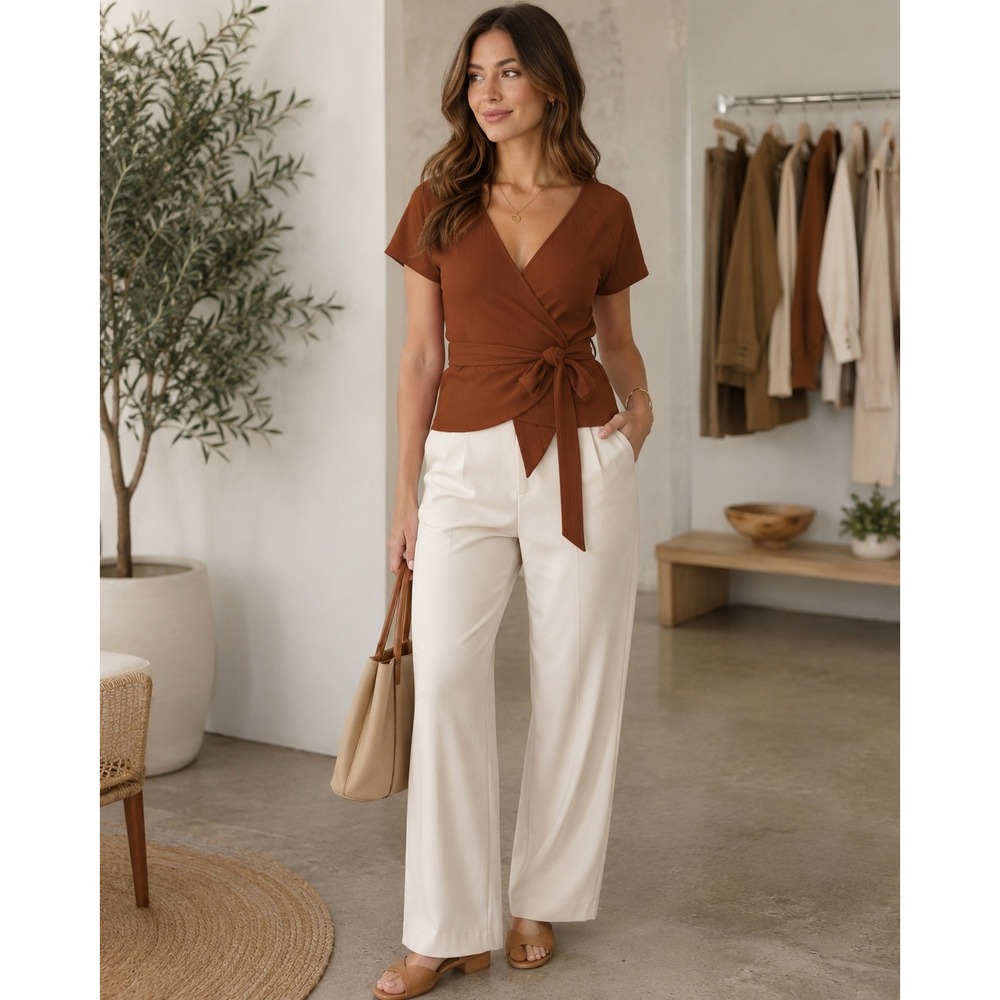 14th & Union Wrap Front Tie Ribbed Top Brown XS Boho‎